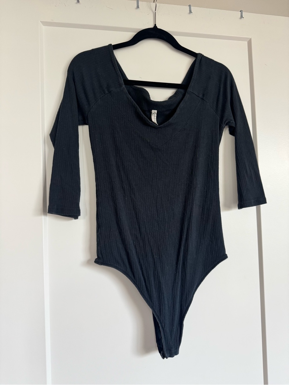 Free People Intimately Off the Shoulder Black Ribbed 3-Quarter Sleeve Bodysuit